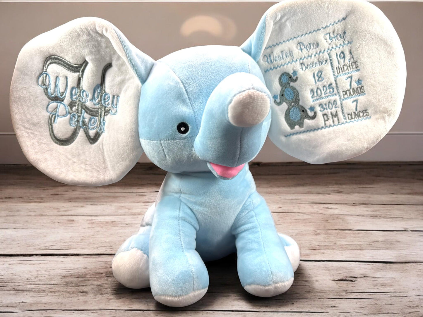 Personalized Embroidered Elephant Plush, Birth Stats Keepsake