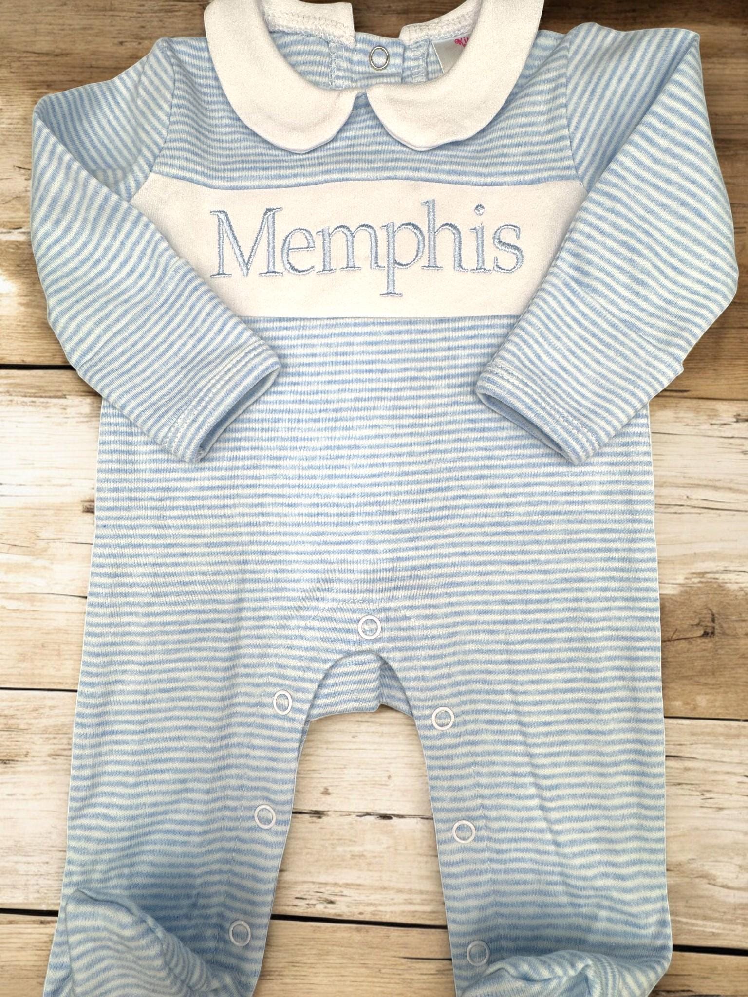 Personalized Blue Stripe Baby Romper | Embroidered Name | Classic Baby Boy Outfit | Coming Home Outfit | Baby Shower Gift