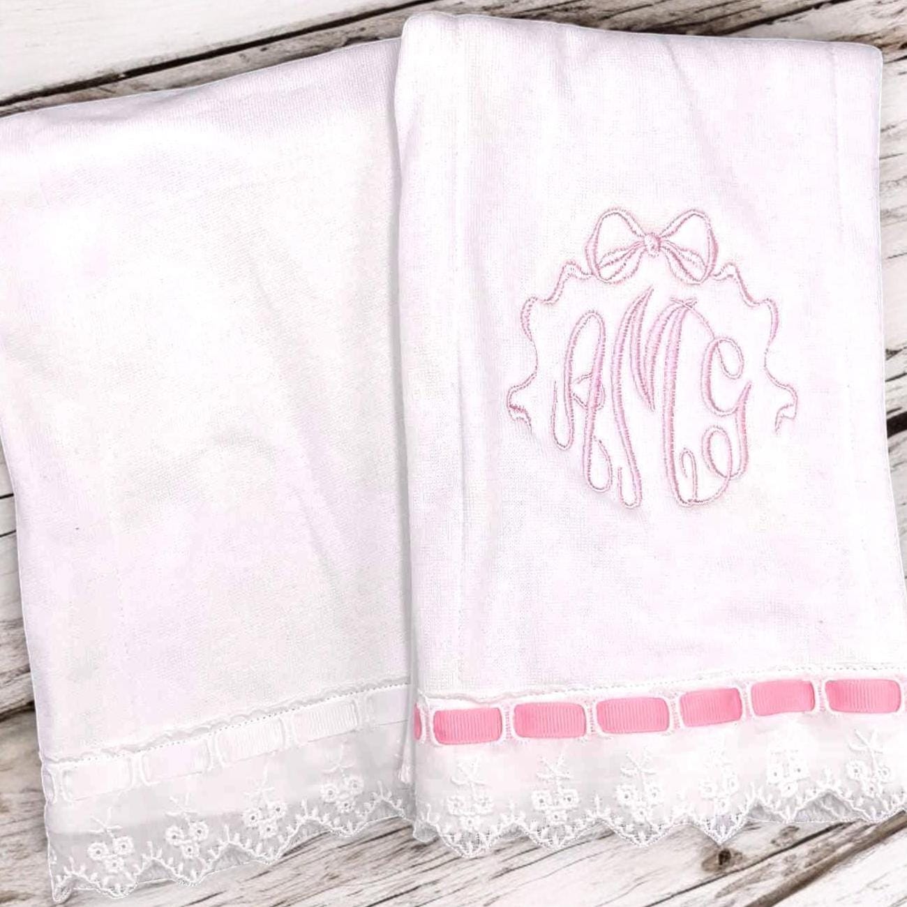Personalized Christening Burp Cloth, Pink Lace Trim, Embroidered Monogram
