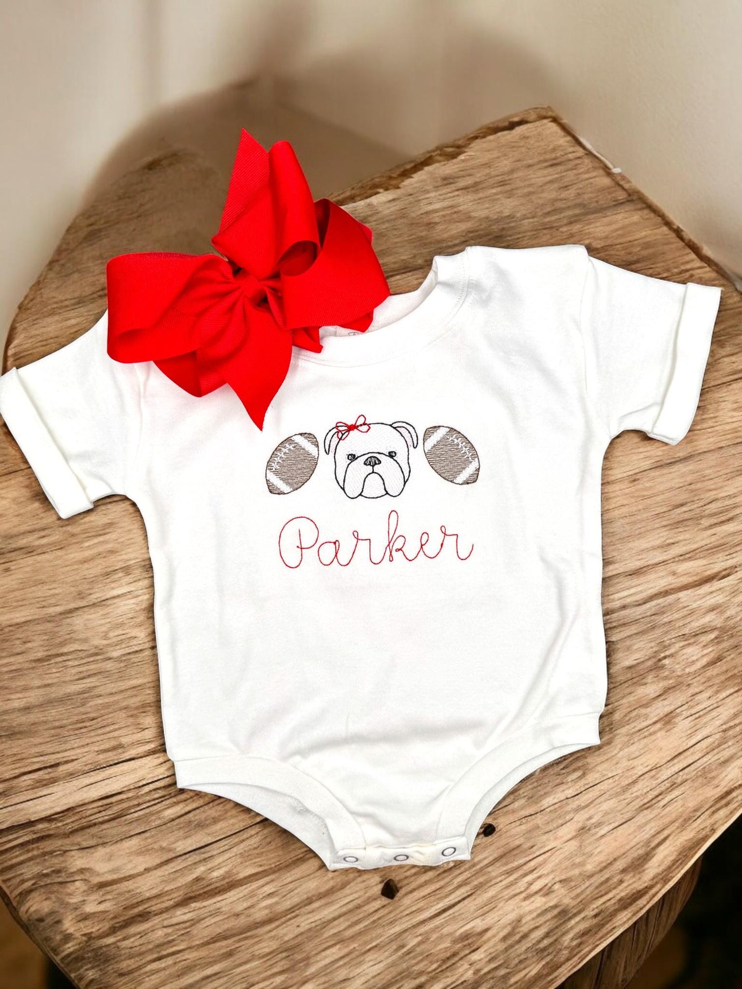 Bulldog Baby Outfit Gift Set: Embroidered Gameday Football Romper, Bib, Blanket