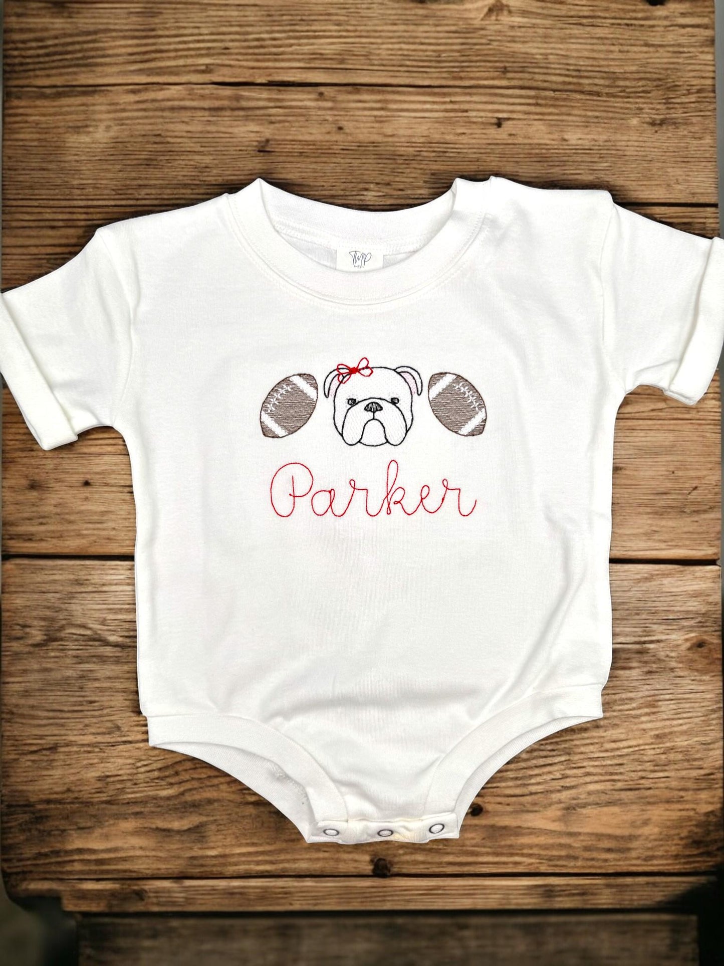 Bulldog Baby Outfit Gift Set: Embroidered Gameday Football Romper, Bib, Blanket