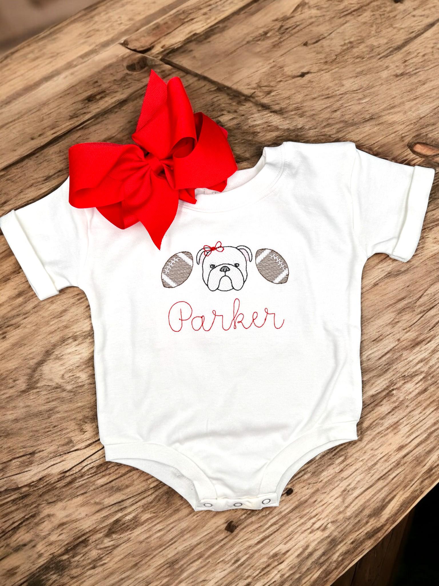 Bulldog Baby Outfit Gift Set: Embroidered Gameday Football Romper, Bib, Blanket