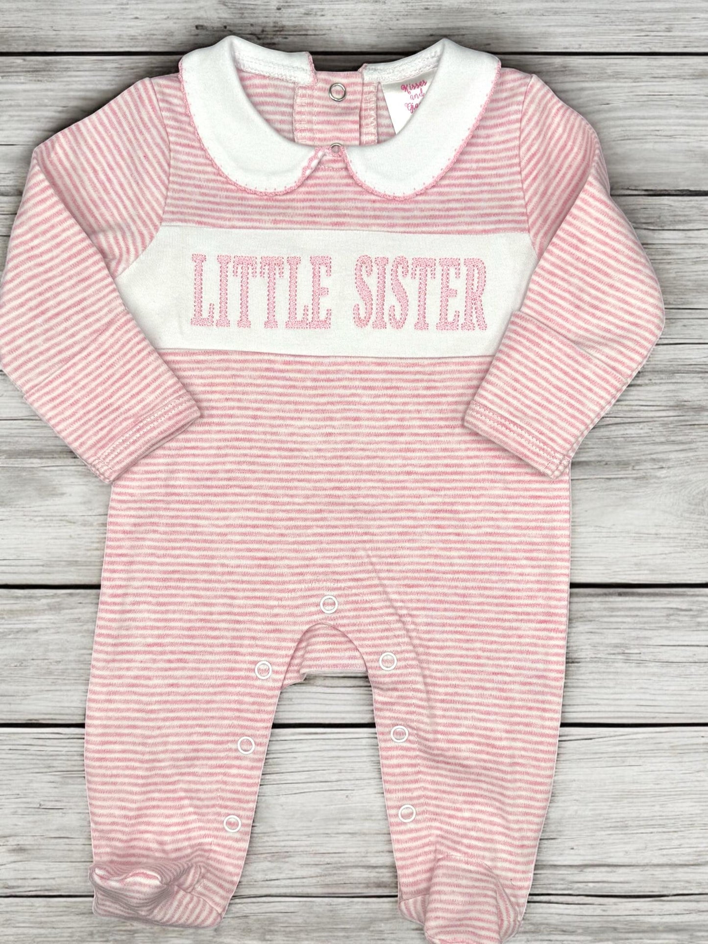 Embroidered Baby Sister Footie, Pink Stripe Knit Romper