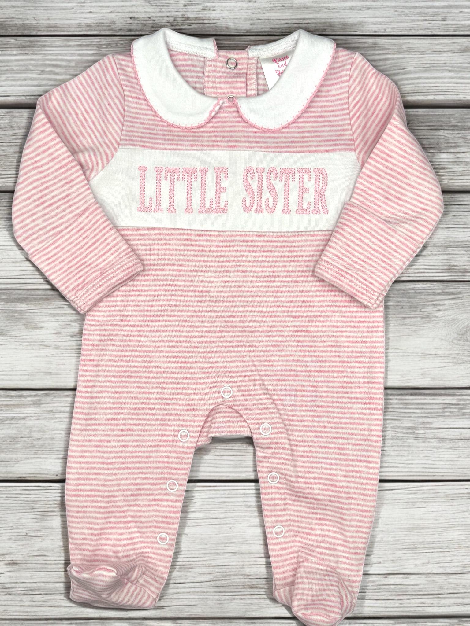 Embroidered Baby Sister Footie, Pink Stripe Knit Romper
