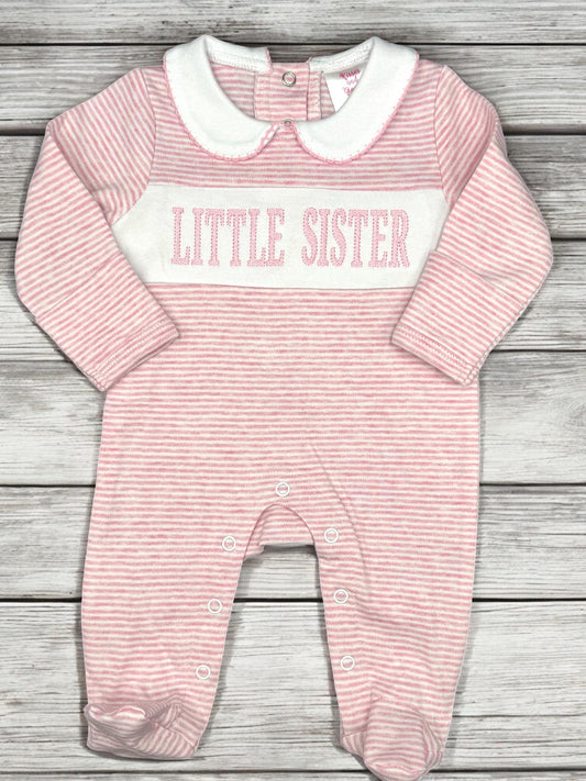 Embroidered Baby Sister Footie, Pink Stripe Knit Romper