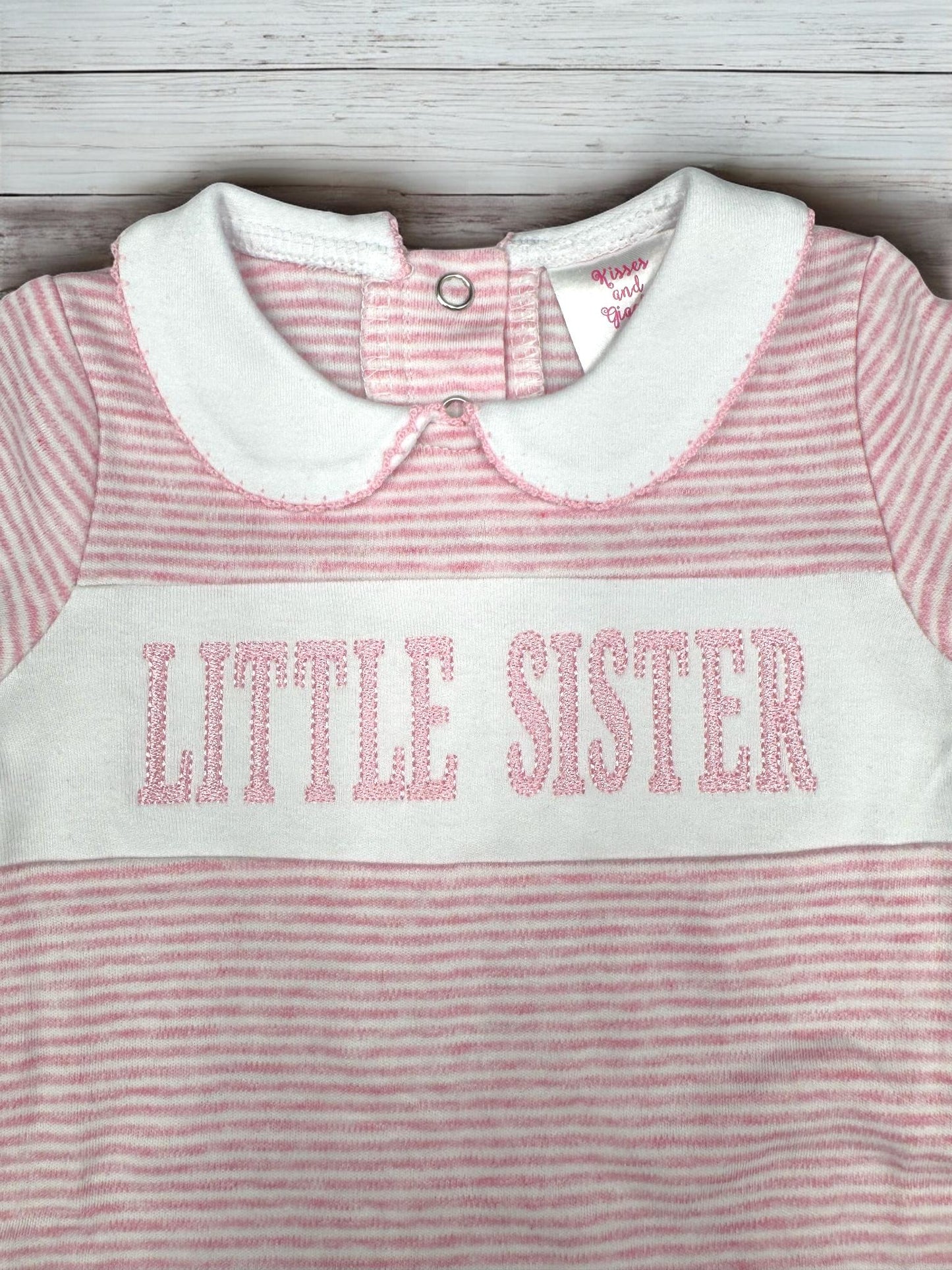 Embroidered Baby Sister Footie, Pink Stripe Knit Romper