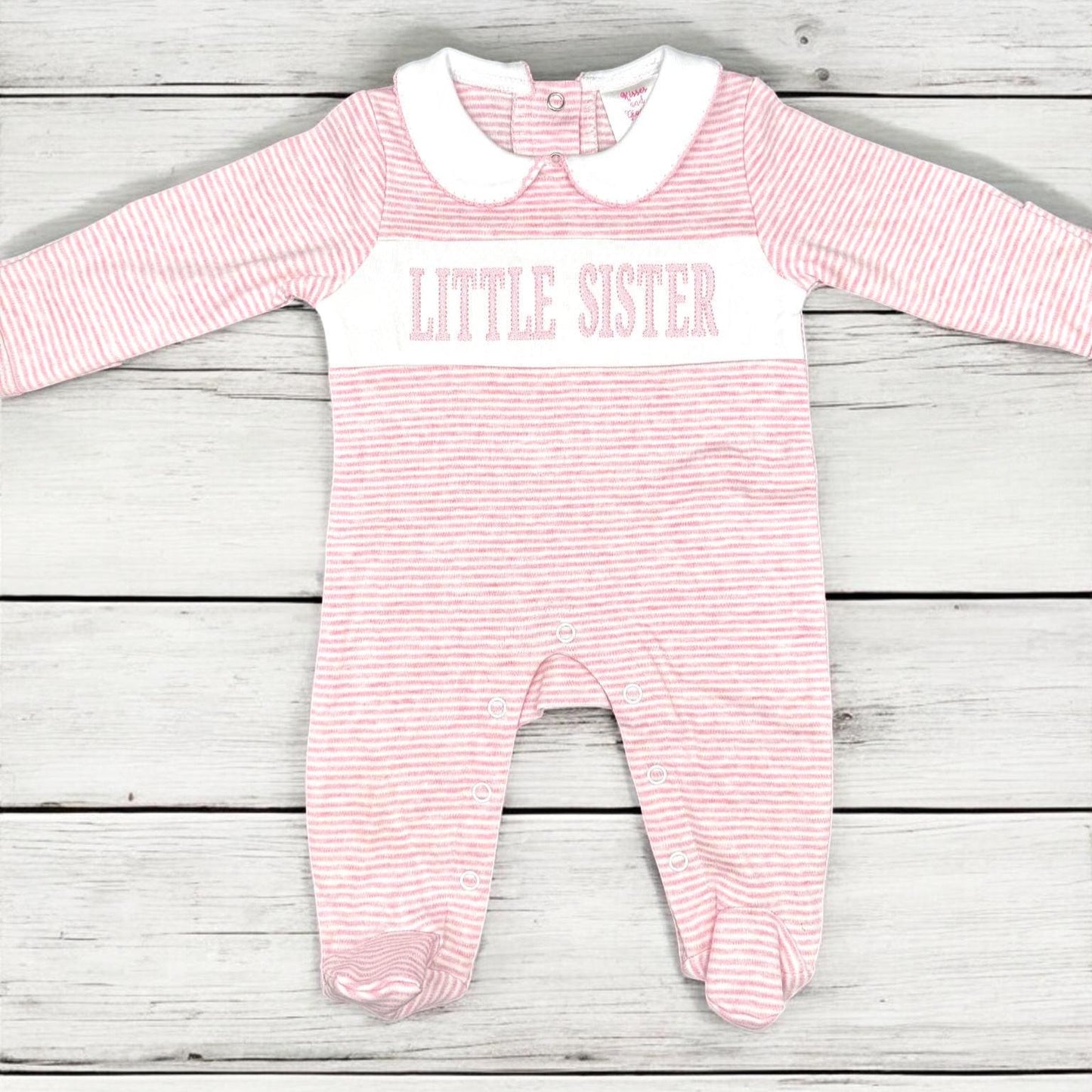 Embroidered Baby Sister Footie, Pink Stripe Knit Romper