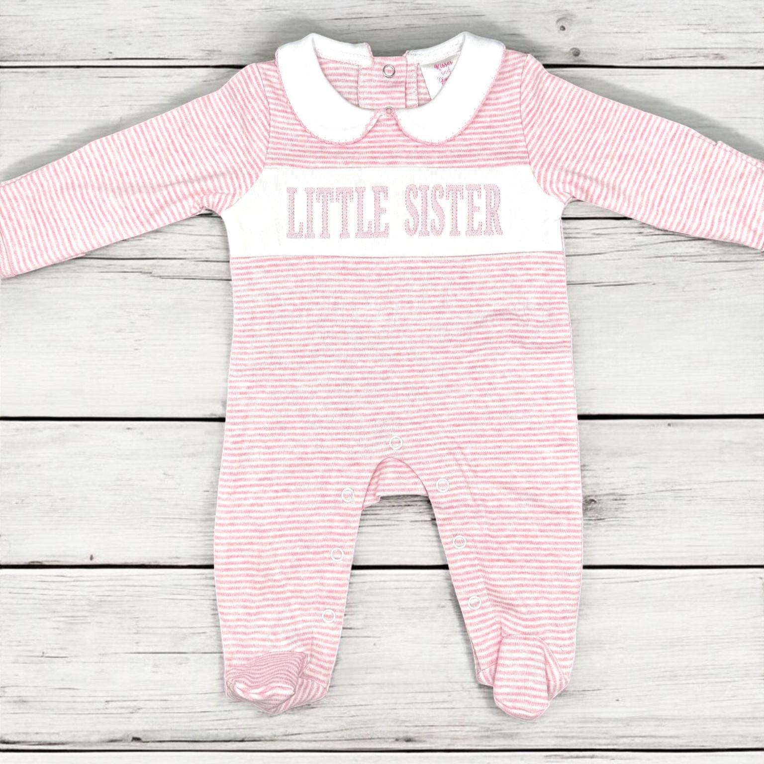 Embroidered Baby Sister Footie, Pink Stripe Knit Romper