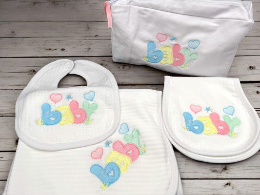 Embroidered Baby Gift Set, Cotton Bib, Burp Cloth, Blanket