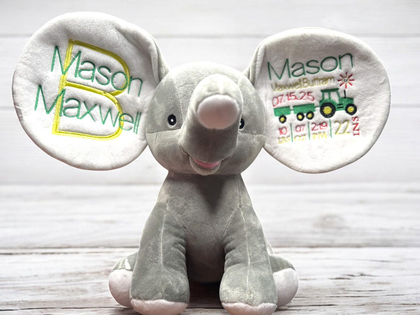 Personalized Farm Elephant Plush | Tractor Baby Keepsake | Embroidered Birth Stats | Little Farmer Nursery Gift