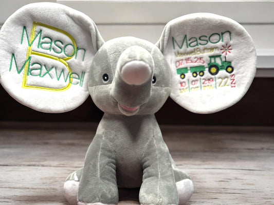 Personalized Farm Elephant Plush | Tractor Baby Keepsake | Embroidered Birth Stats | Little Farmer Nursery Gift