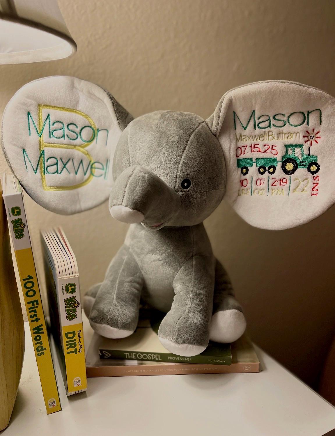 Personalized Farm Elephant Plush | Tractor Baby Keepsake | Embroidered Birth Stats | Little Farmer Nursery Gift