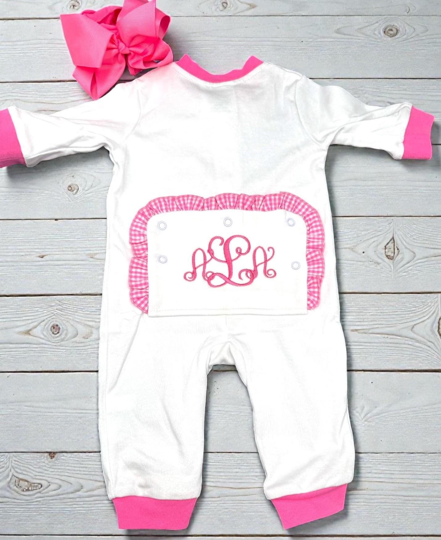 Personalized Baby Romper | Pink Gingham Ruffle, Embroidered Cotton