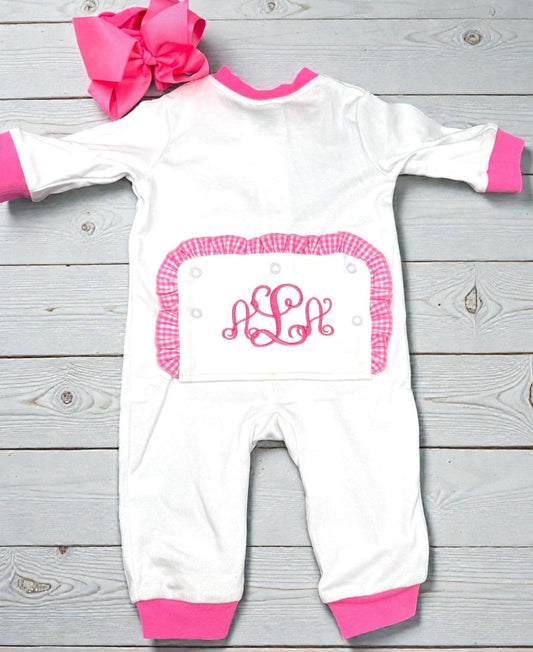 Personalized Baby Romper | Pink Gingham Ruffle, Embroidered Cotton