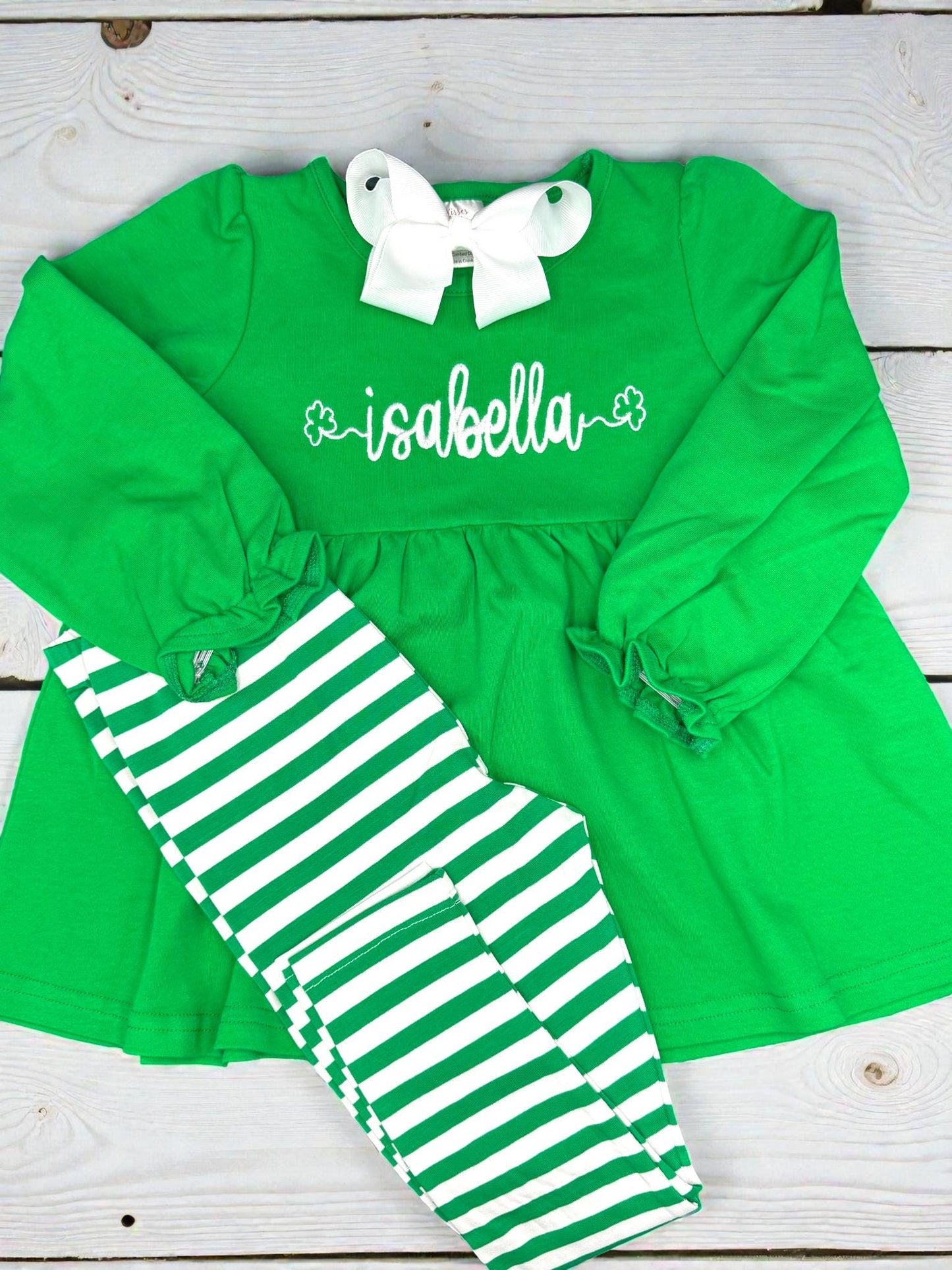 Personalized Toddler St. Patrick's Day Outfit, Embroidered Shamrock Tunic & Striped Leggings