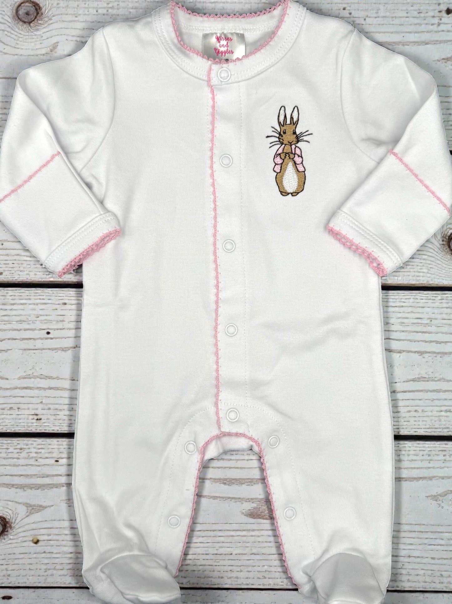 Monogram Baby Girl Footie, Embroidered Bunny, Pink Picot Trim, Coming Home Outfit