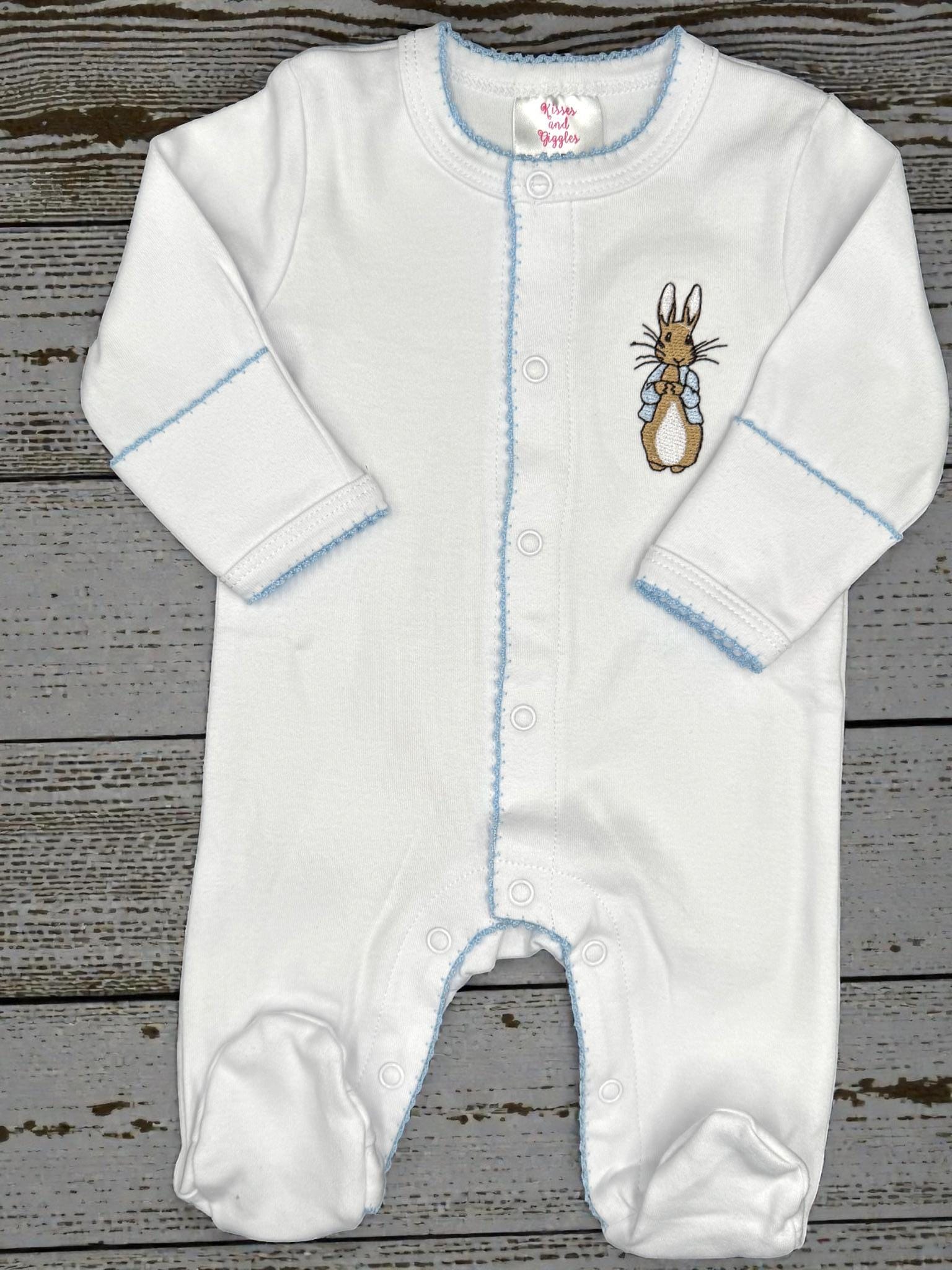 Monogram Baby Boy Footie, Embroidered Bunny, Blue Picot Trim, Coming Home Outfit