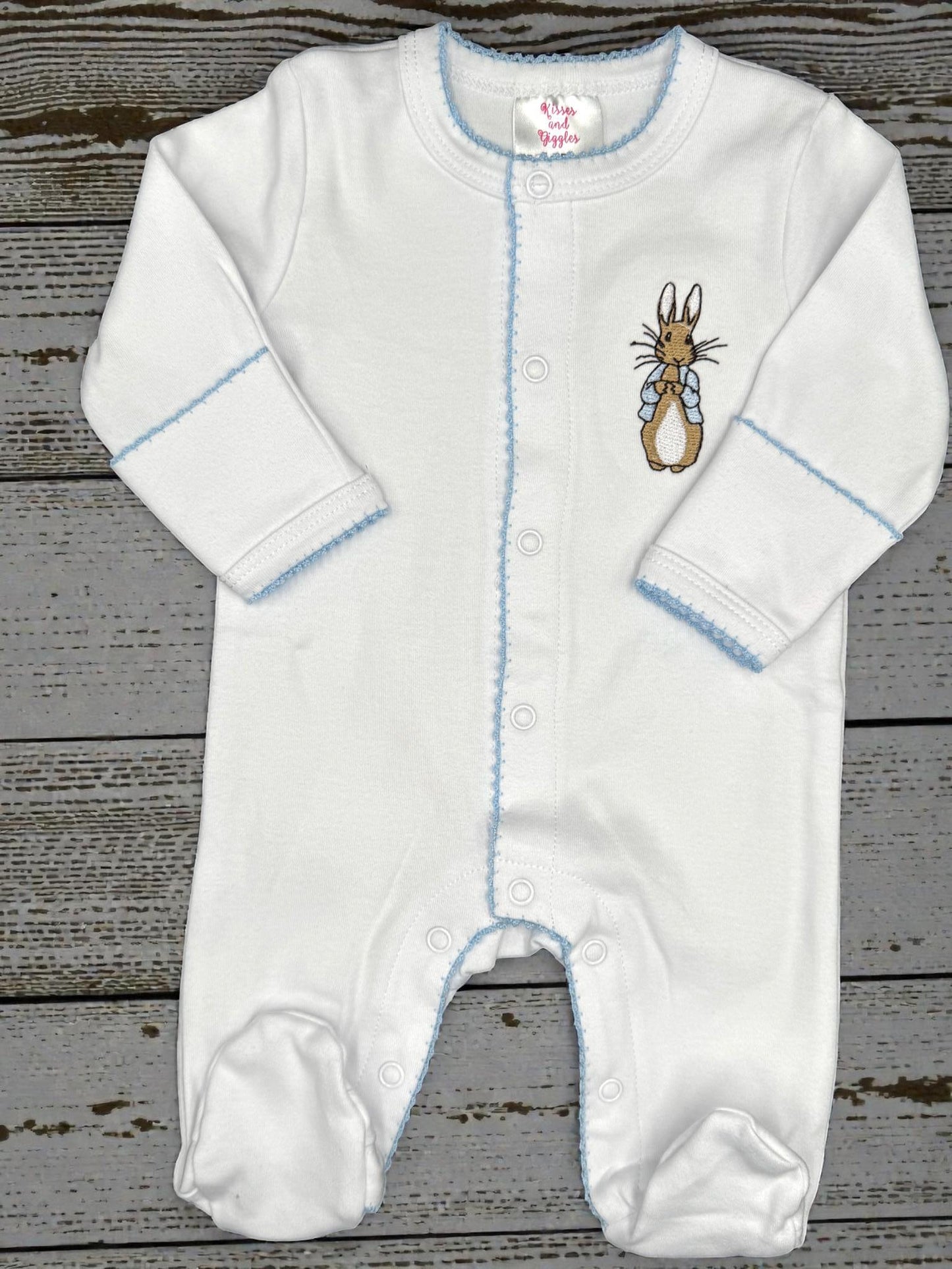 Monogram Baby Boy Footie, Embroidered Bunny, Blue Picot Trim, Coming Home Outfit