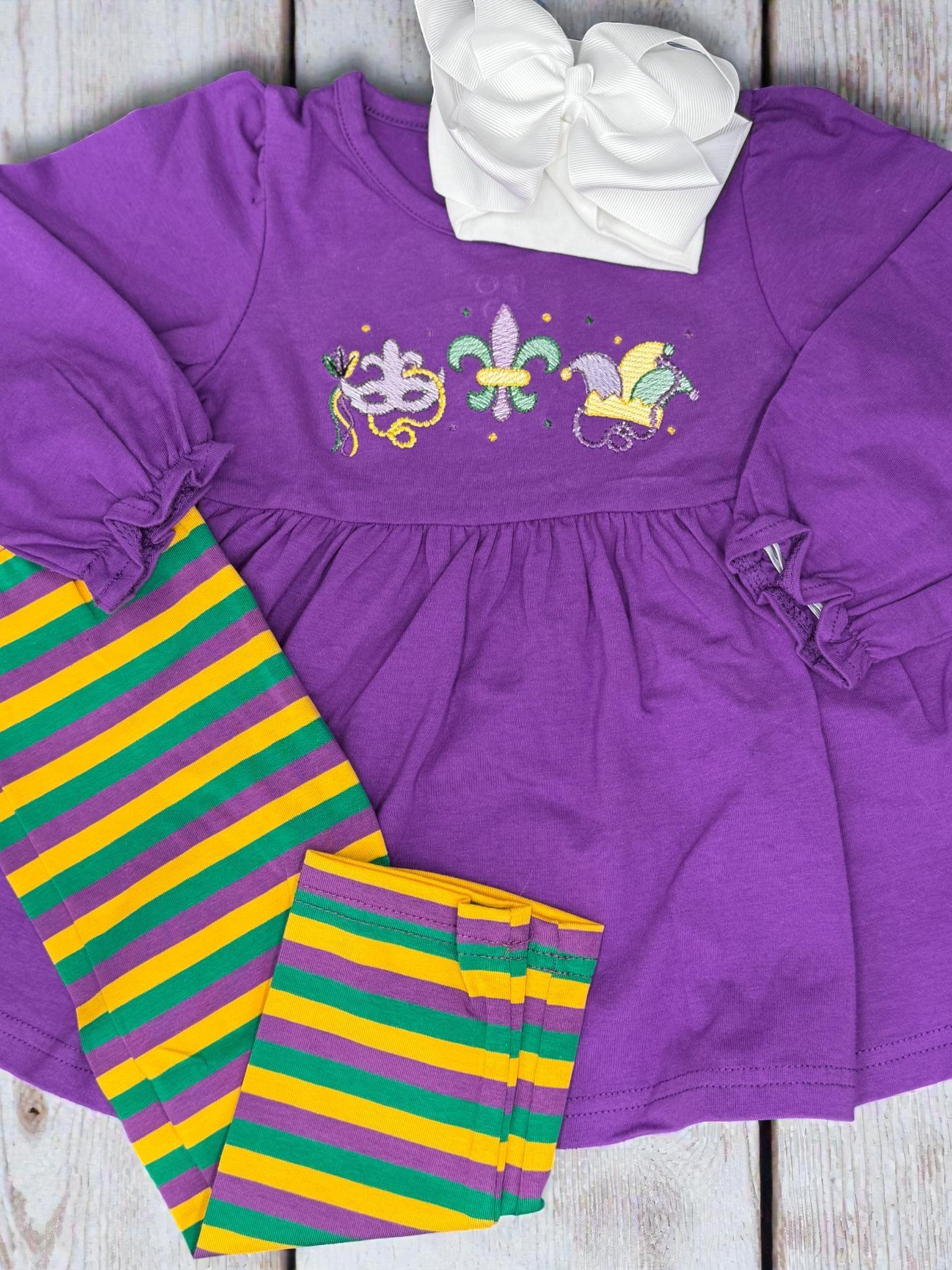 Embroidered Mardi Gras Tunic Set, Purple Dress & Striped Leggings
