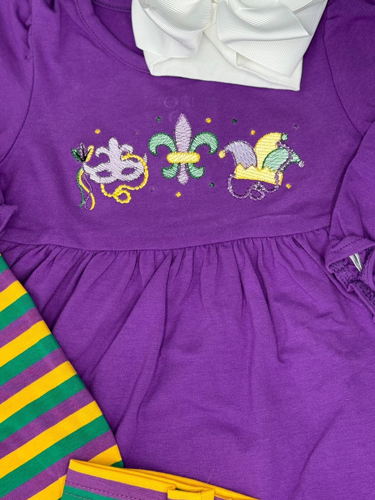 Embroidered Mardi Gras Tunic Set, Purple Dress & Striped Leggings