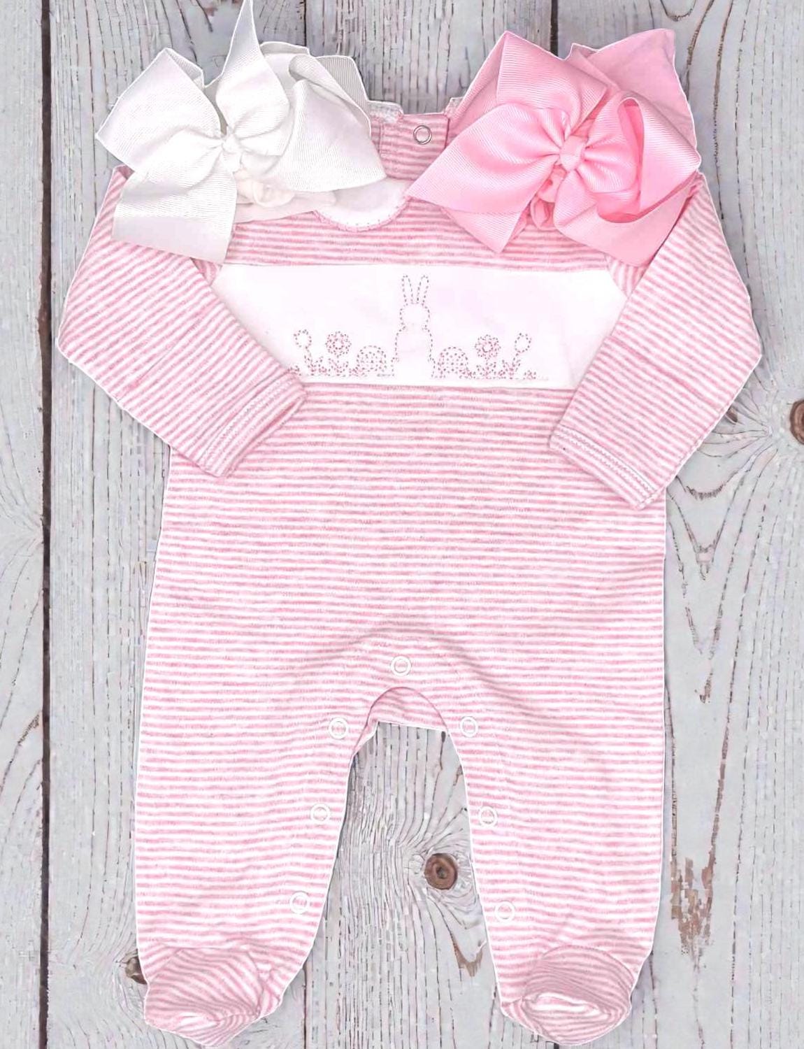 Embroidered Easter Romper, Pink Stripe Knit Footie, Baby Girl Outfit