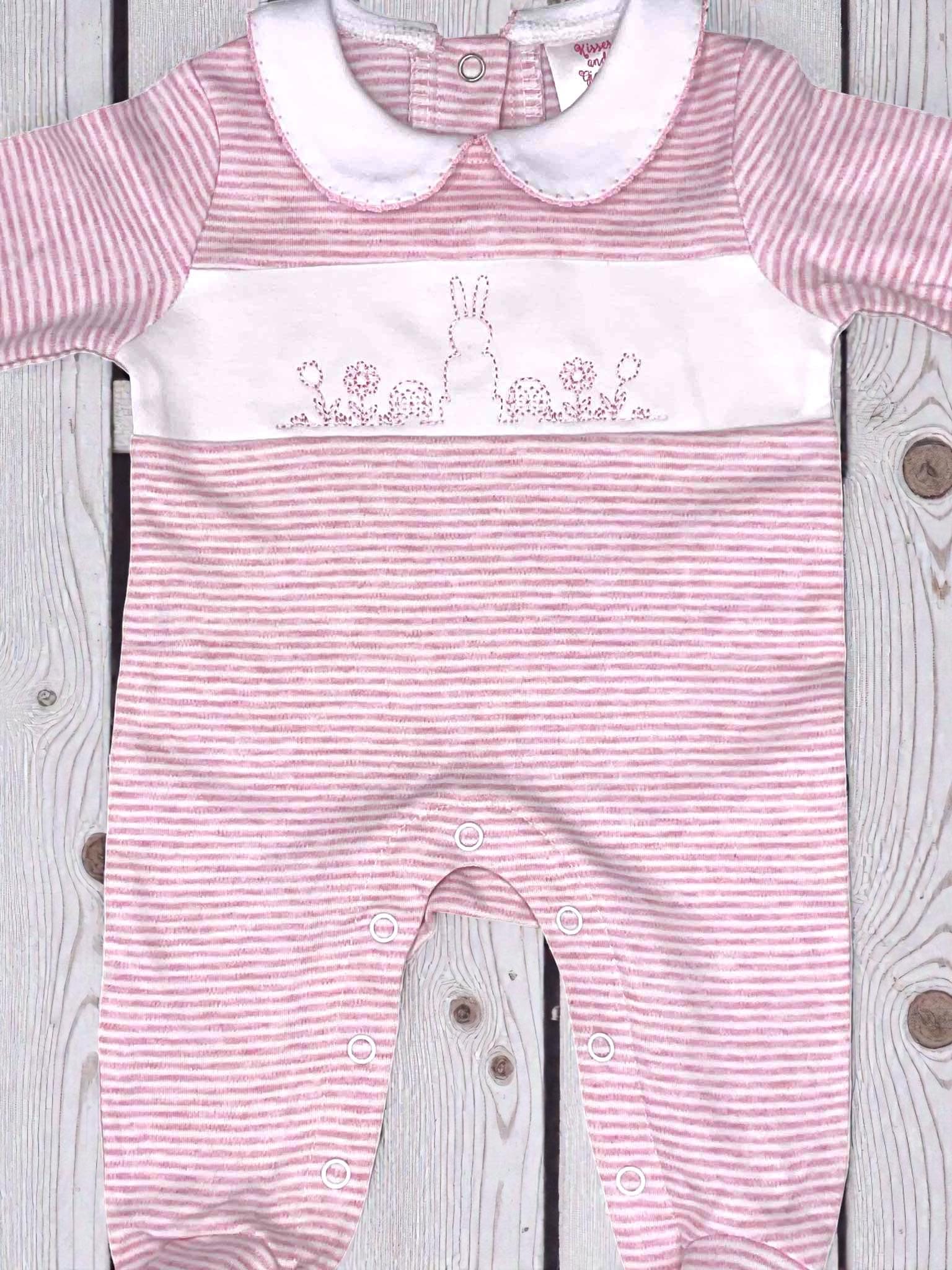 Embroidered Easter Romper, Pink Stripe Knit Footie, Baby Girl Outfit