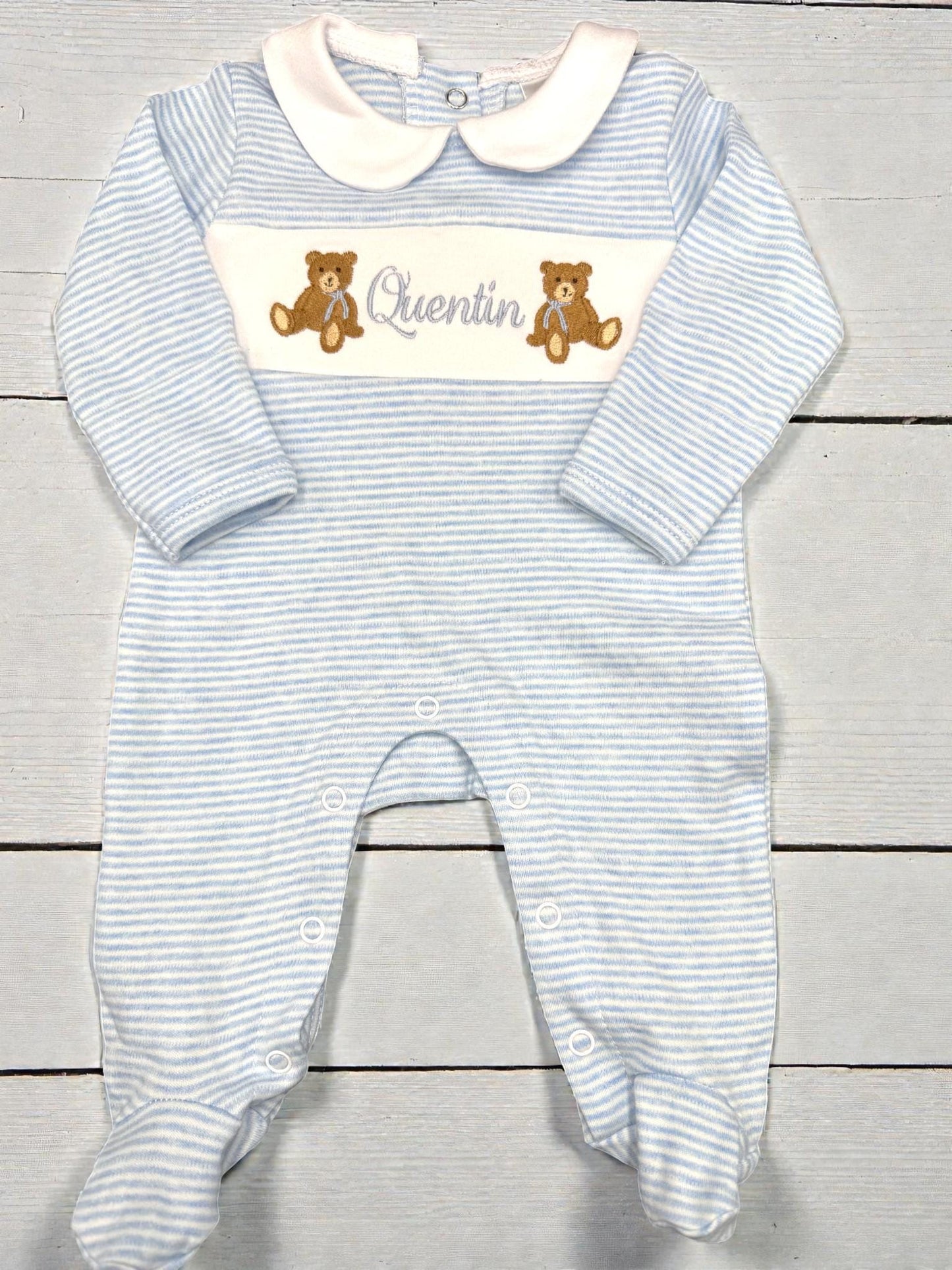 Baby Boy Coming Home Footie, Striped Cotton Footie Romper, Teddy Bear Outfit, Personalize Coming Home Outfit