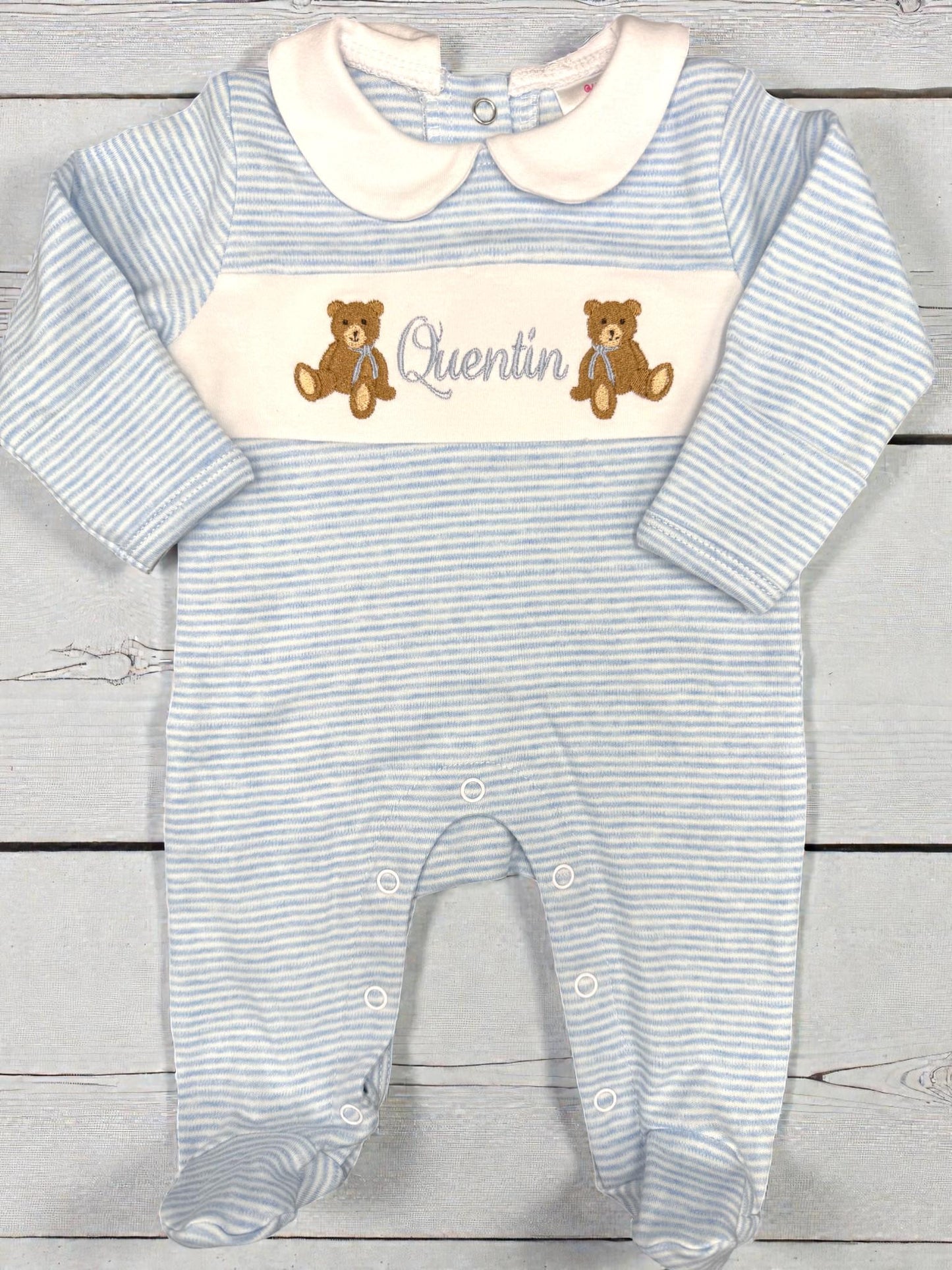 Baby Boy Coming Home Footie, Striped Cotton Footie Romper, Teddy Bear Outfit, Personalize Coming Home Outfit