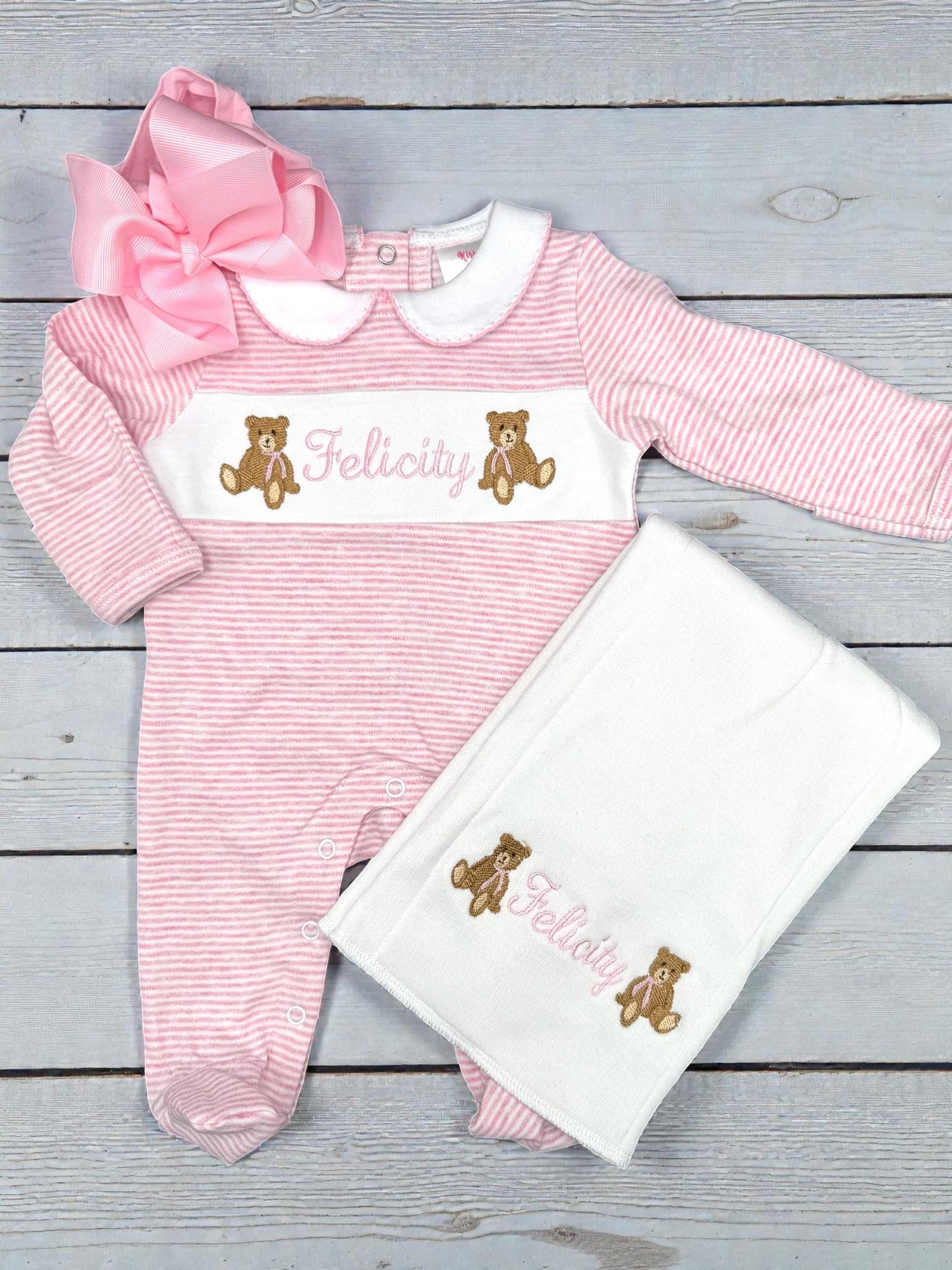 Personalized Baby Girl Footie, Striped Cotton Knit, Teddy Bear Embroidery