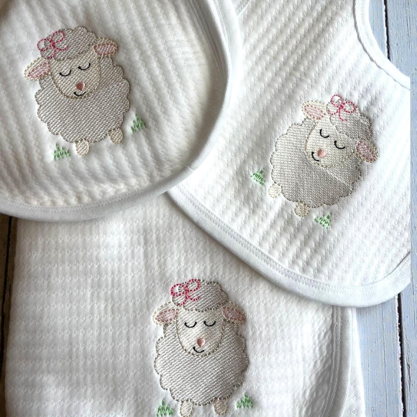 Embroidered Baby Lamb Blanket, Bib and Burp Cloth Set, Personalized Gift, Coming Home Blanket