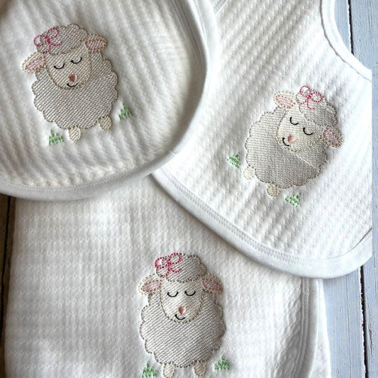 Embroidered Baby Lamb Blanket, Bib and Burp Cloth Set, Personalized Gift, Coming Home Blanket