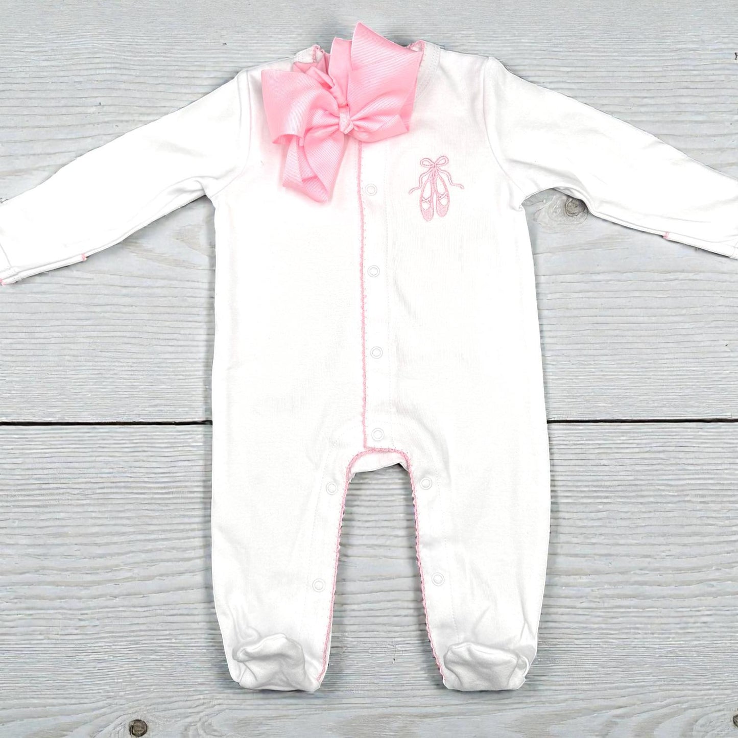 Ballet Shoes Baby Footie, Pink Picot Trim, Newborn Outfit