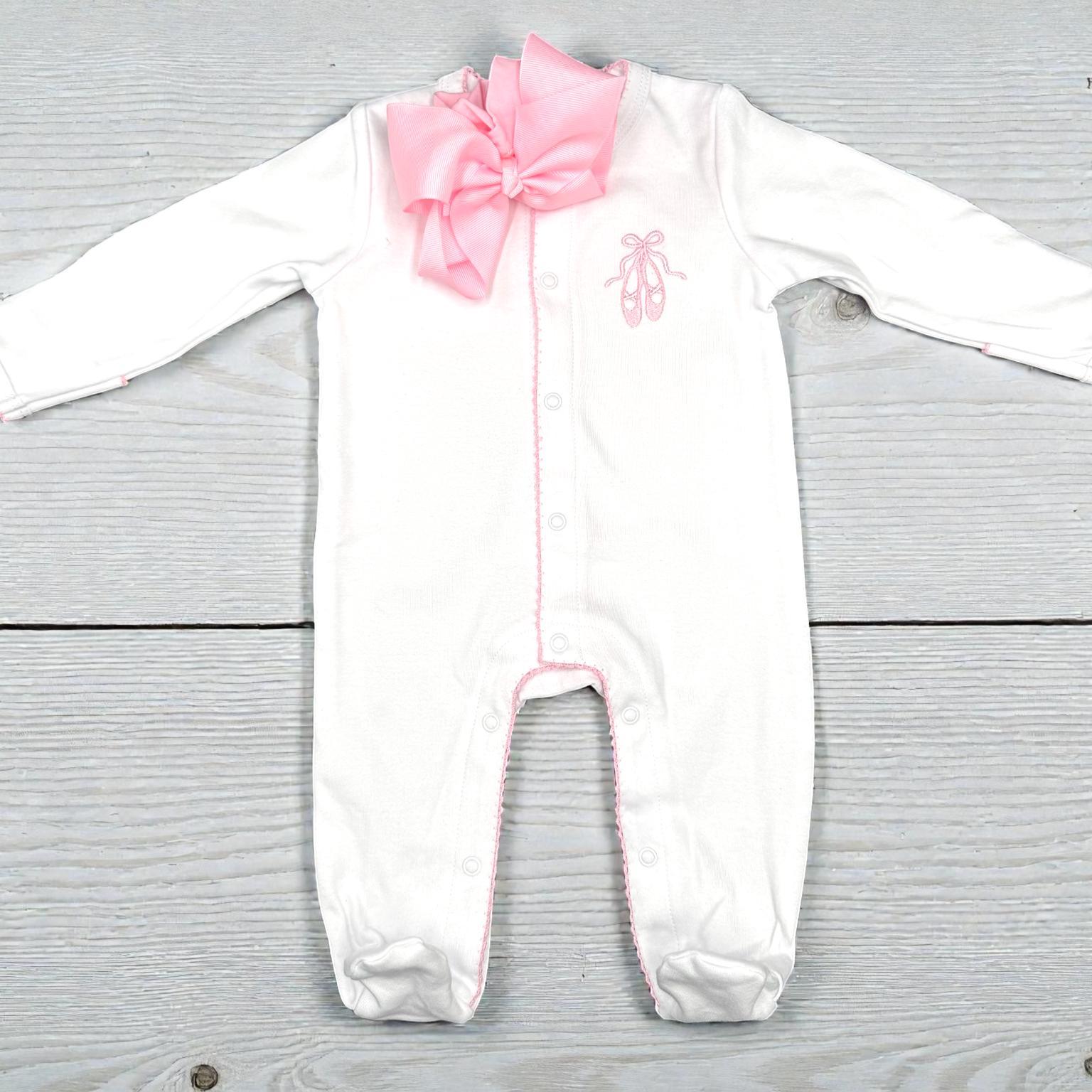 Ballet Shoes Baby Footie, Pink Picot Trim, Newborn Outfit