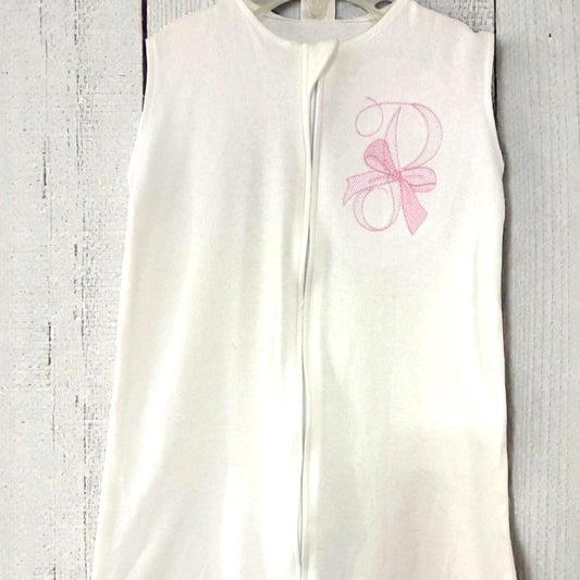 Personalized Baby Wearable Sleep Sack – Soft White Cotton with Bow Initial