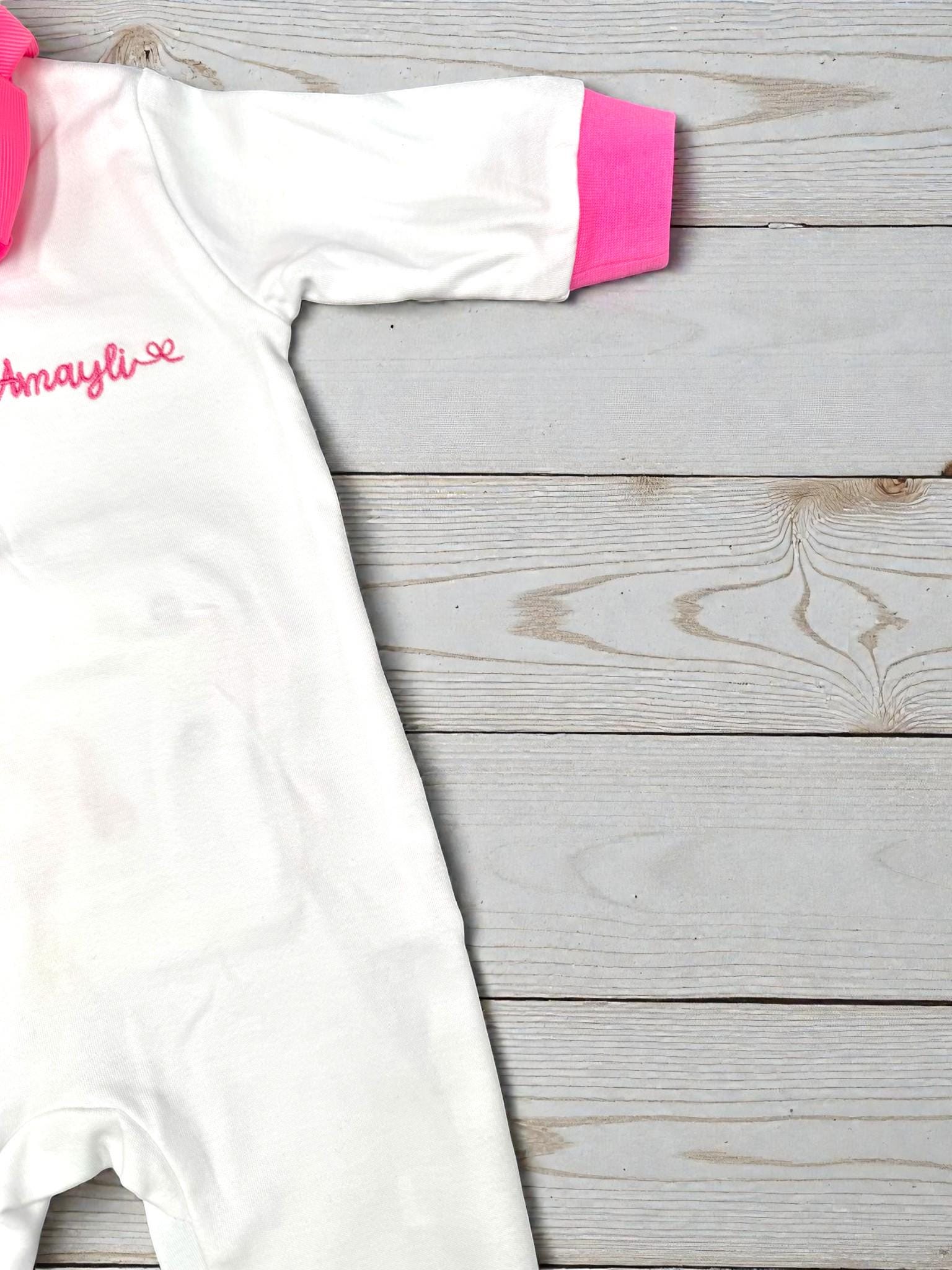 Personalized Baby Romper | Pink Gingham Ruffle, Embroidered Cotton