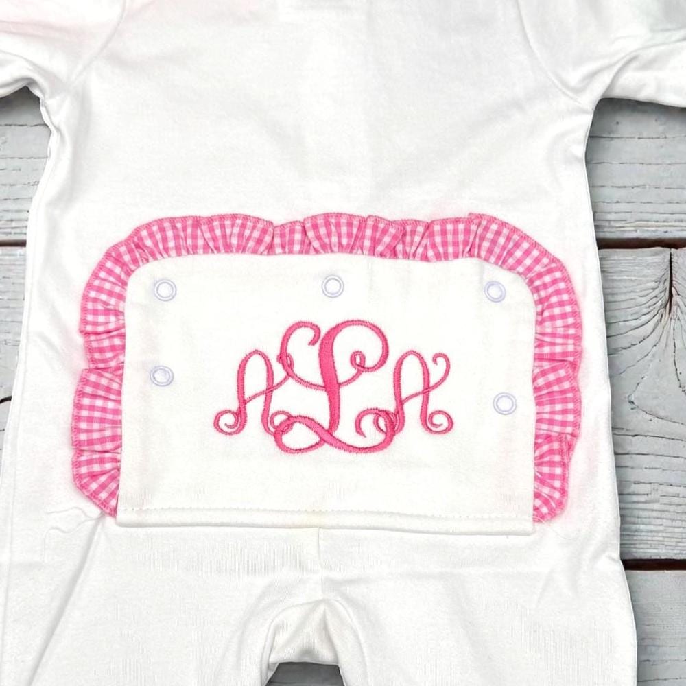 Personalized Baby Romper | Pink Gingham Ruffle, Embroidered Cotton