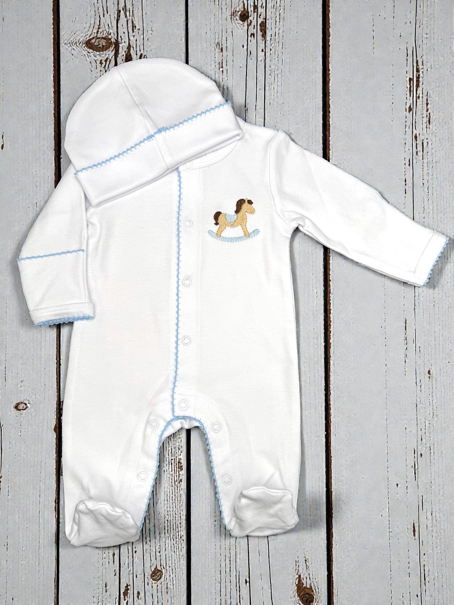 Rocking Horse Baby Footie, Blue Picot Trim, Newborn Outfit