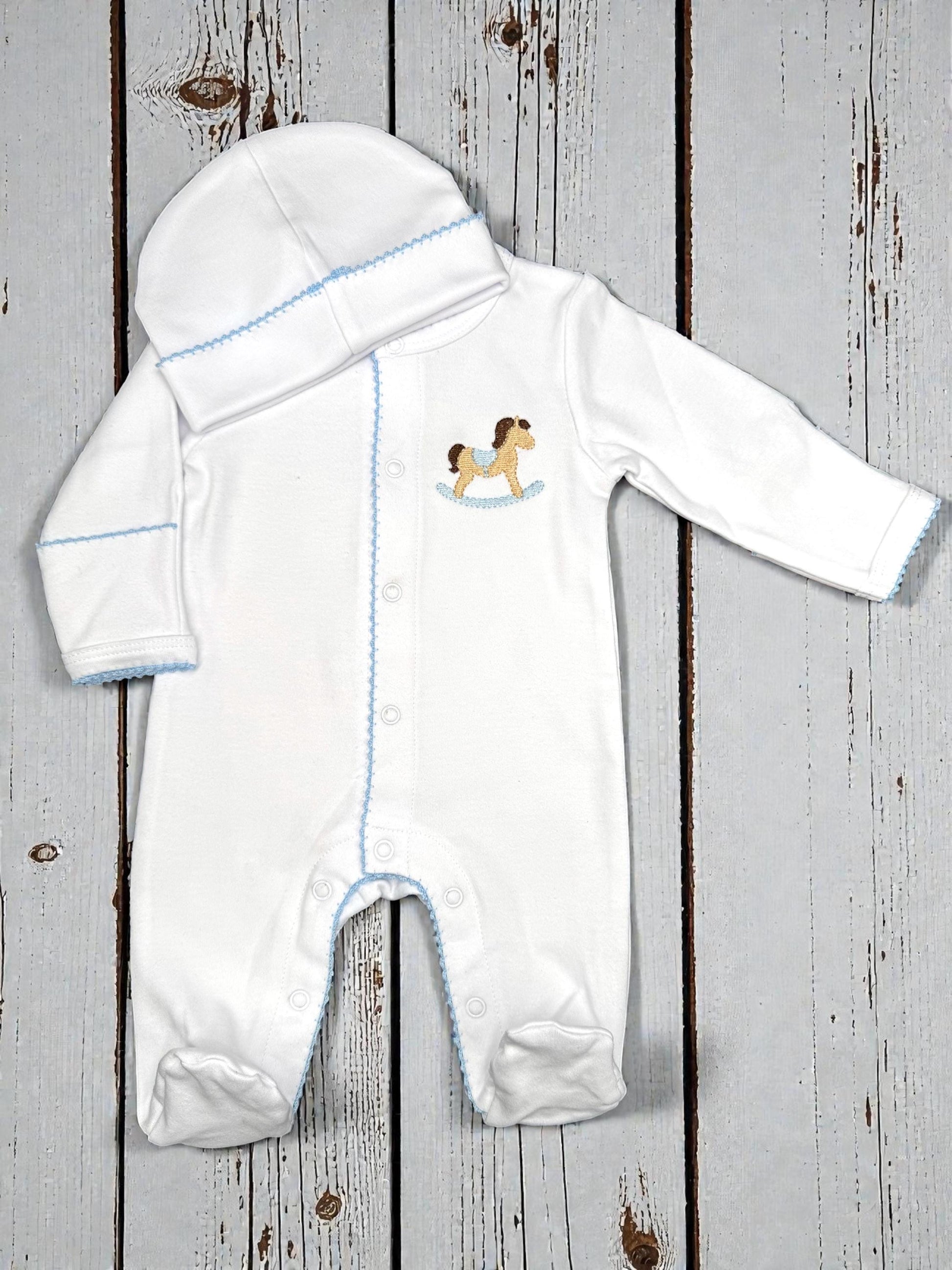 Rocking Horse Baby Footie, Blue Picot Trim, Newborn Outfit
