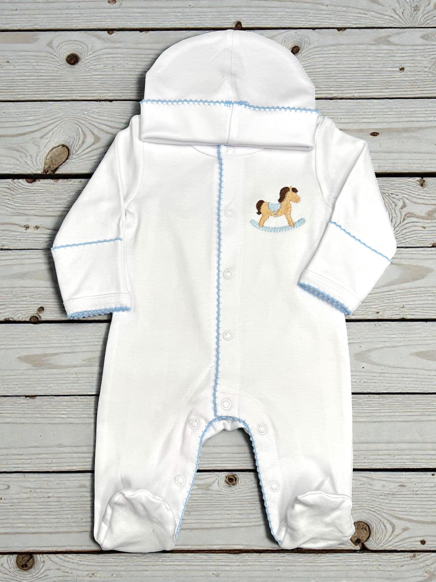 Rocking Horse Baby Footie, Blue Picot Trim, Newborn Outfit