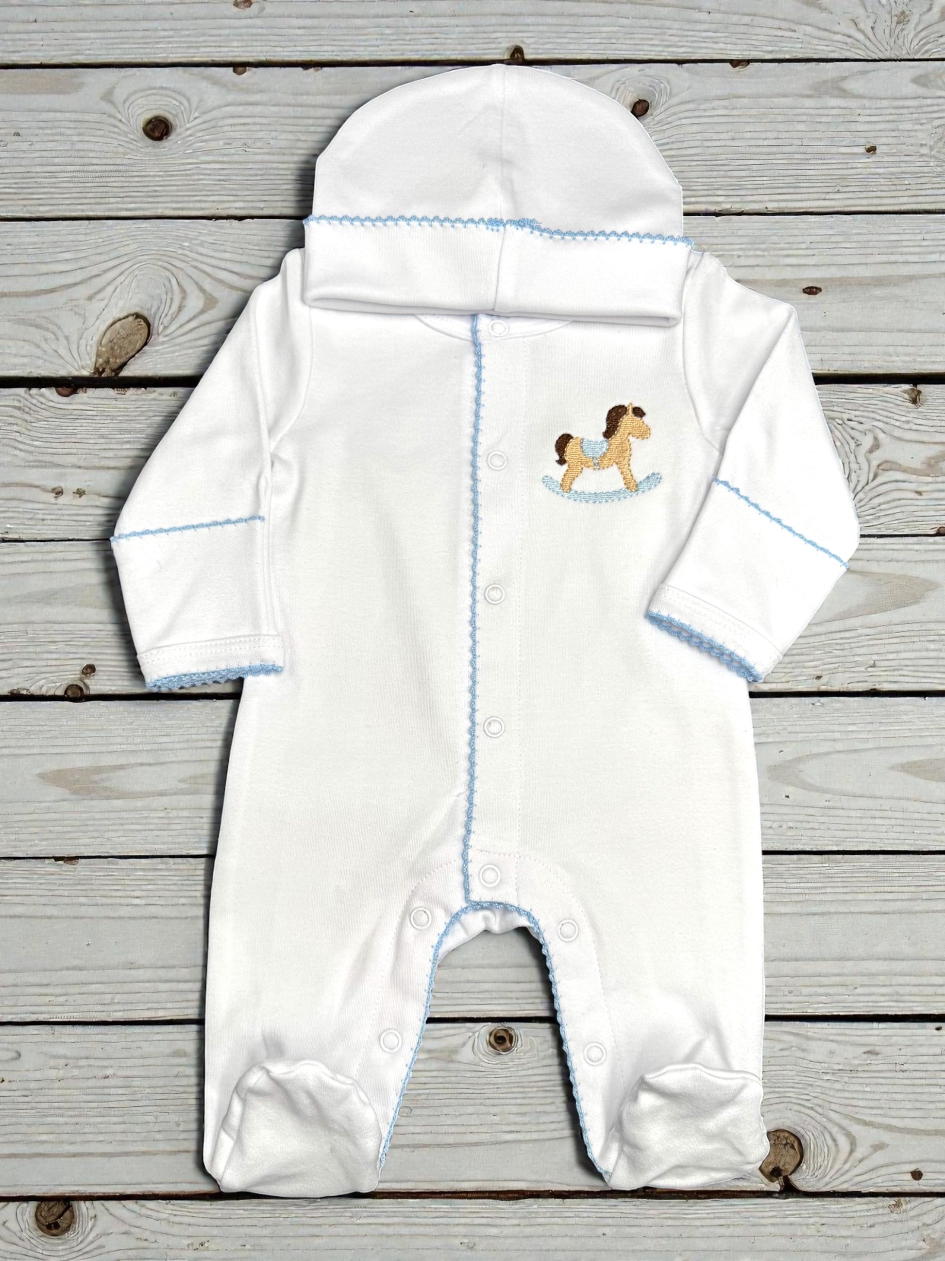 Rocking Horse Baby Footie, Blue Picot Trim, Newborn Outfit