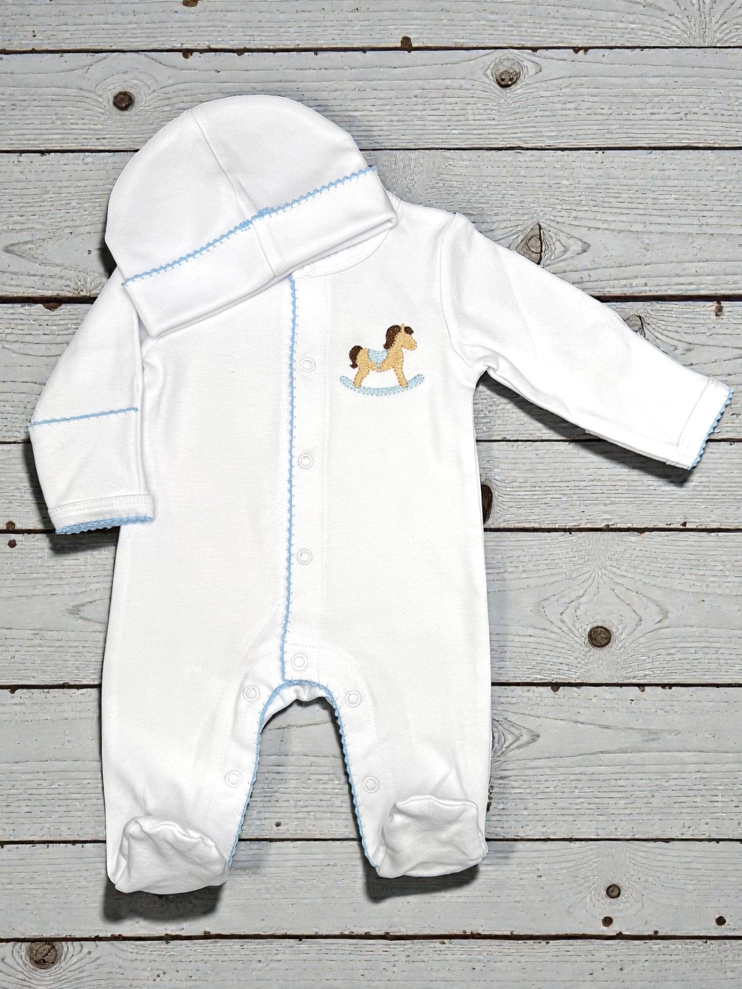 Rocking Horse Baby Footie, Blue Picot Trim, Newborn Outfit