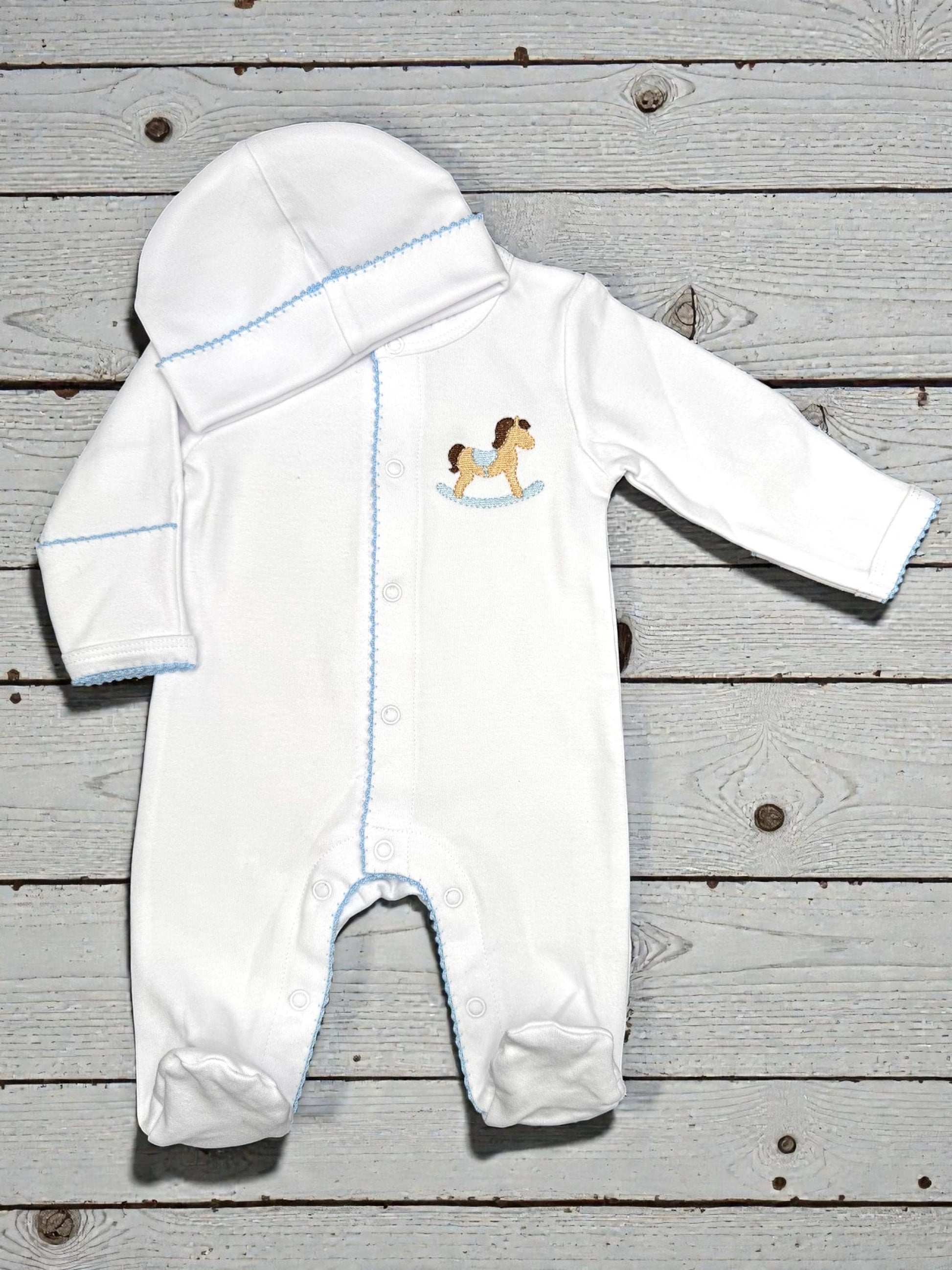 Rocking Horse Baby Footie, Blue Picot Trim, Newborn Outfit