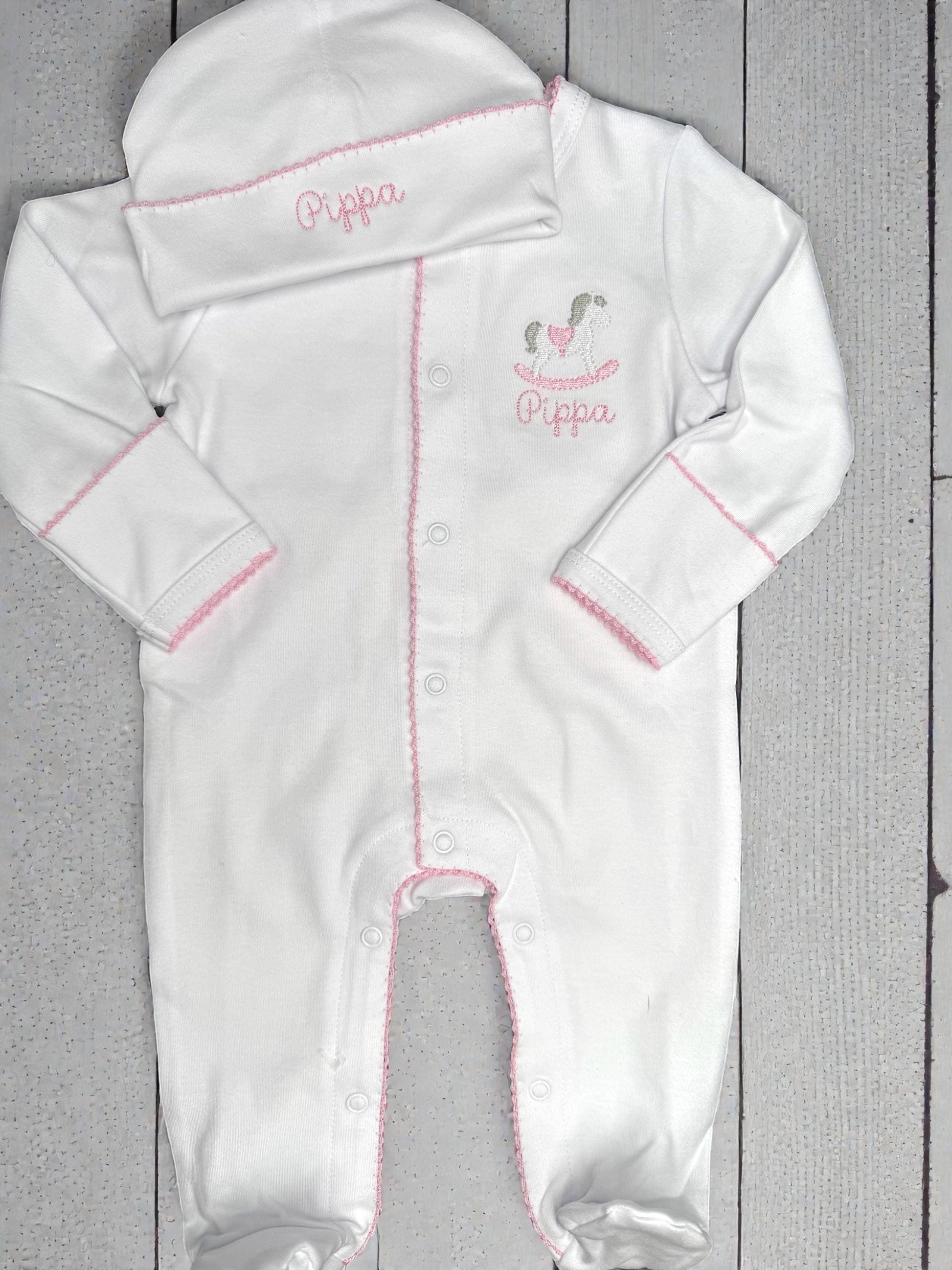 Rocking Horse Baby Footie, Pink Picot Trim, Newborn Outfit
