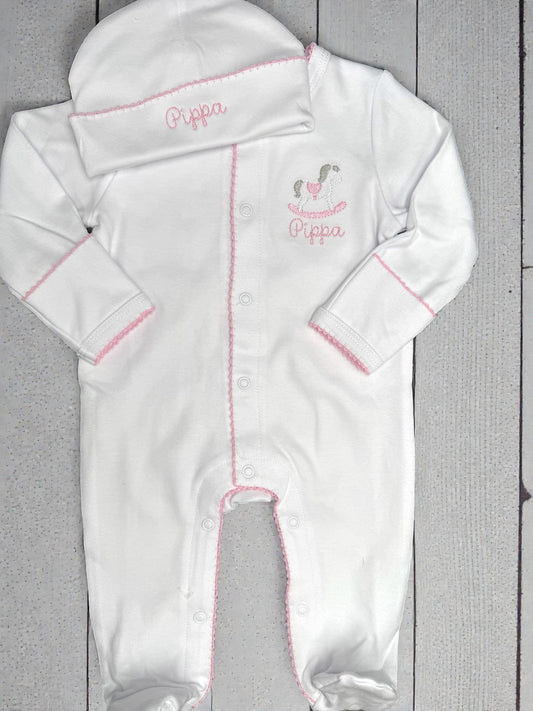 Rocking Horse Baby Footie, Pink Picot Trim, Newborn Outfit