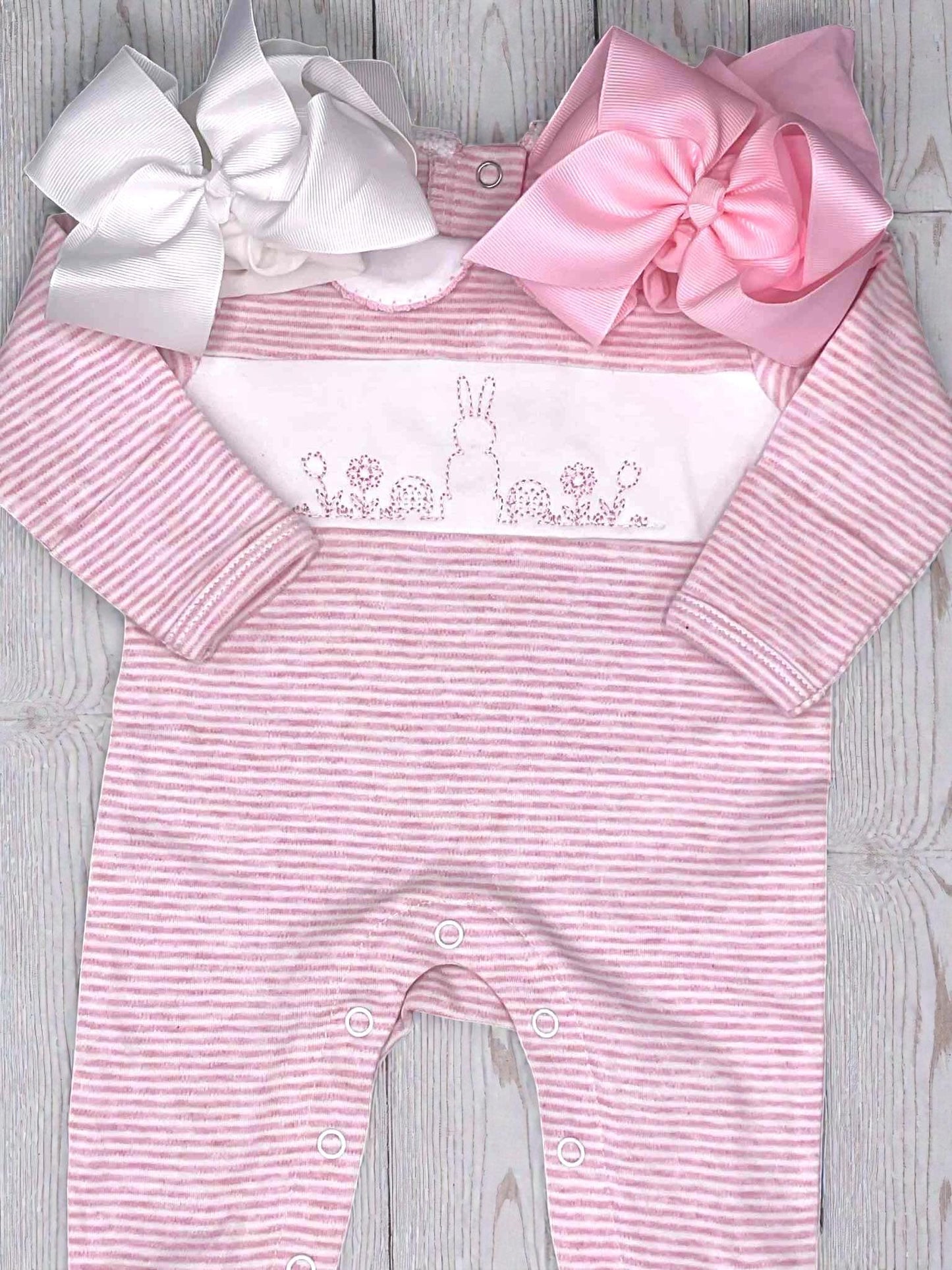 Embroidered Easter Romper, Pink Stripe Knit Footie, Baby Girl Outfit