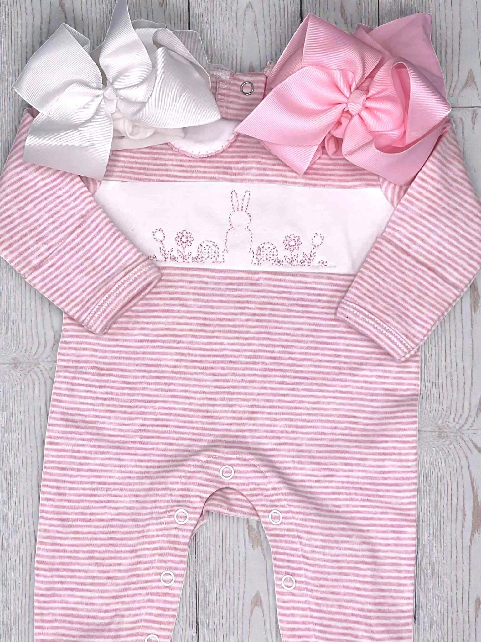 Embroidered Easter Romper, Pink Stripe Knit Footie, Baby Girl Outfit