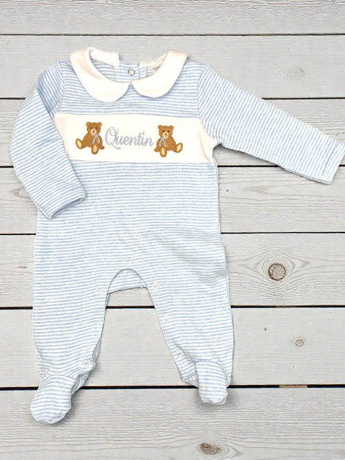 Baby Boy Coming Home Footie, Striped Cotton Footie Romper, Teddy Bear Outfit, Personalize Coming Home Outfit