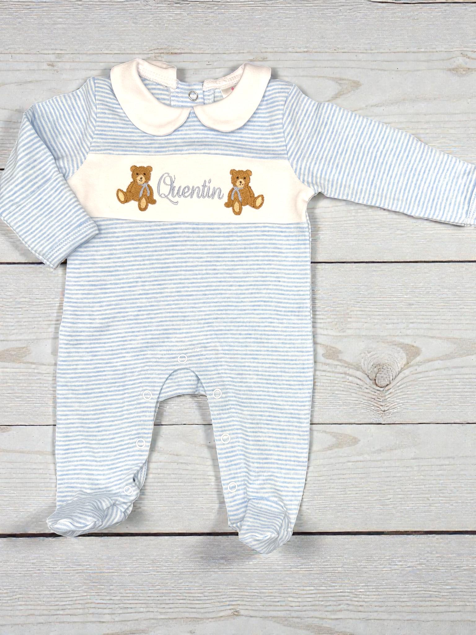 Baby Boy Coming Home Footie, Striped Cotton Footie Romper, Teddy Bear Outfit, Personalize Coming Home Outfit