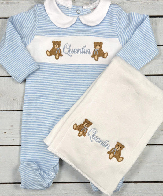 Baby Boy Coming Home Footie, Striped Cotton Footie Romper, Teddy Bear Outfit, Personalize Coming Home Outfit