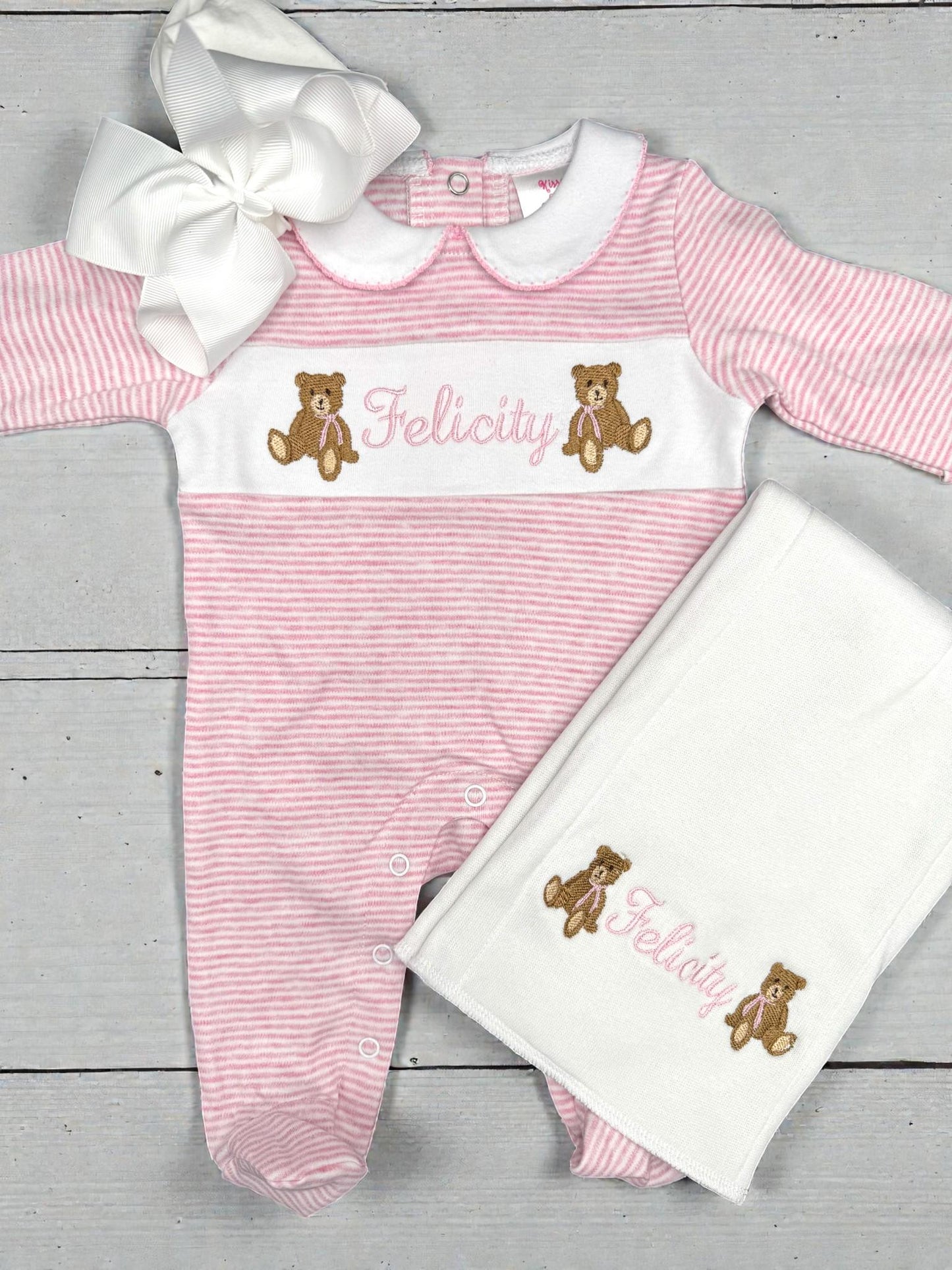 Personalized Baby Girl Footie, Striped Cotton Knit, Teddy Bear Embroidery